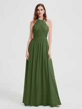 Halter Chiffon Dresses with Pleated Bodice Moss