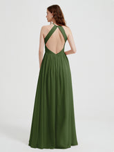 Halter Chiffon Dresses with Pleated Bodice Moss