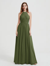 Halter Chiffon Dresses with Pleated Bodice Olive Green