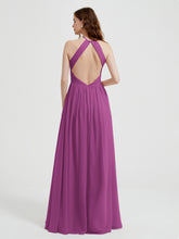 Halter Chiffon Dresses with Pleated Bodice Orchid