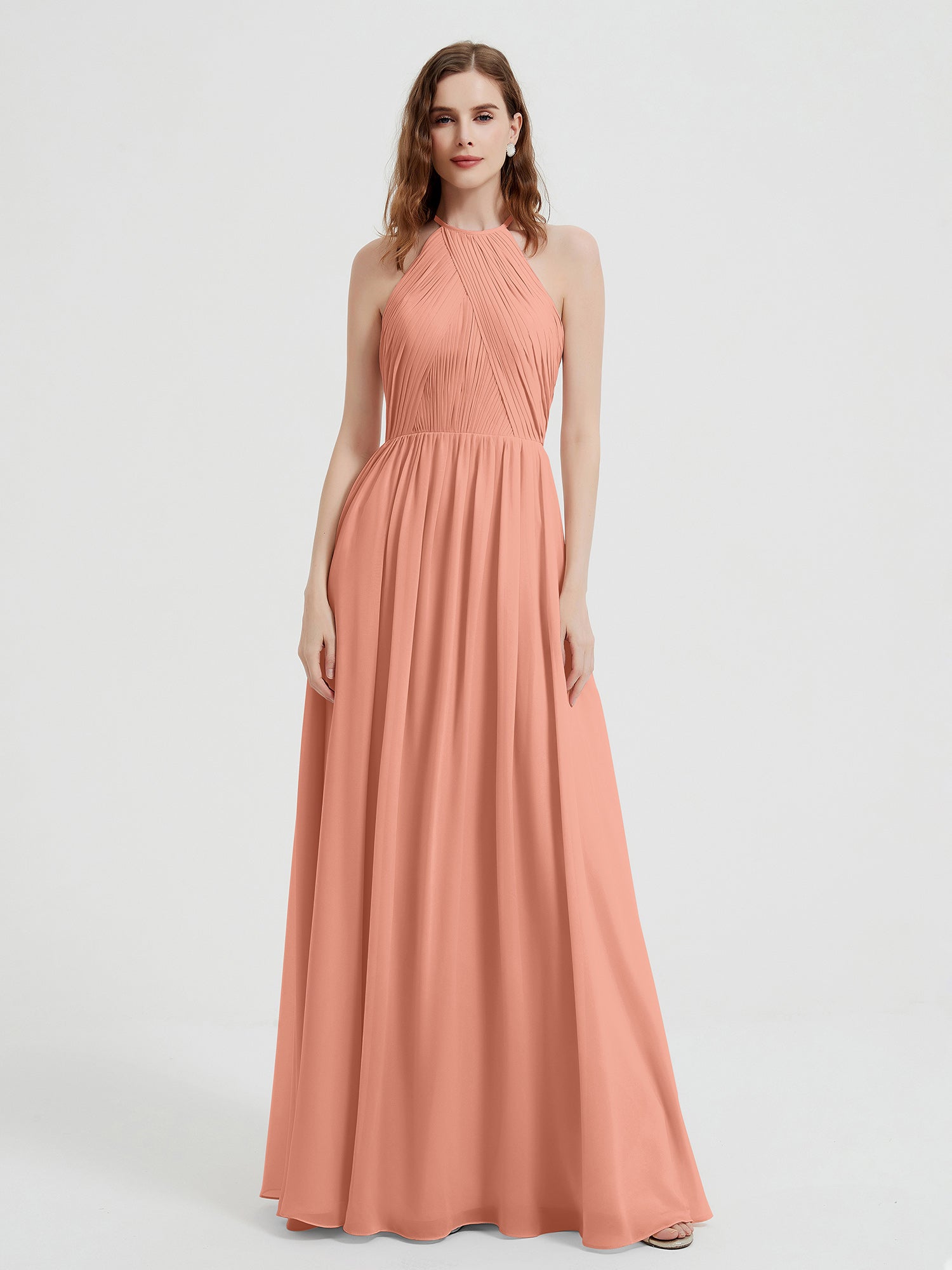 V-Neck Lace Top High Slit Pleated Chiffon Dress Papaya