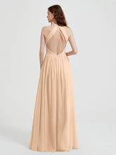 Halter Chiffon Dresses with Pleated Bodice Peach