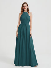 Halter Chiffon Dresses with Pleated Bodice Peacock