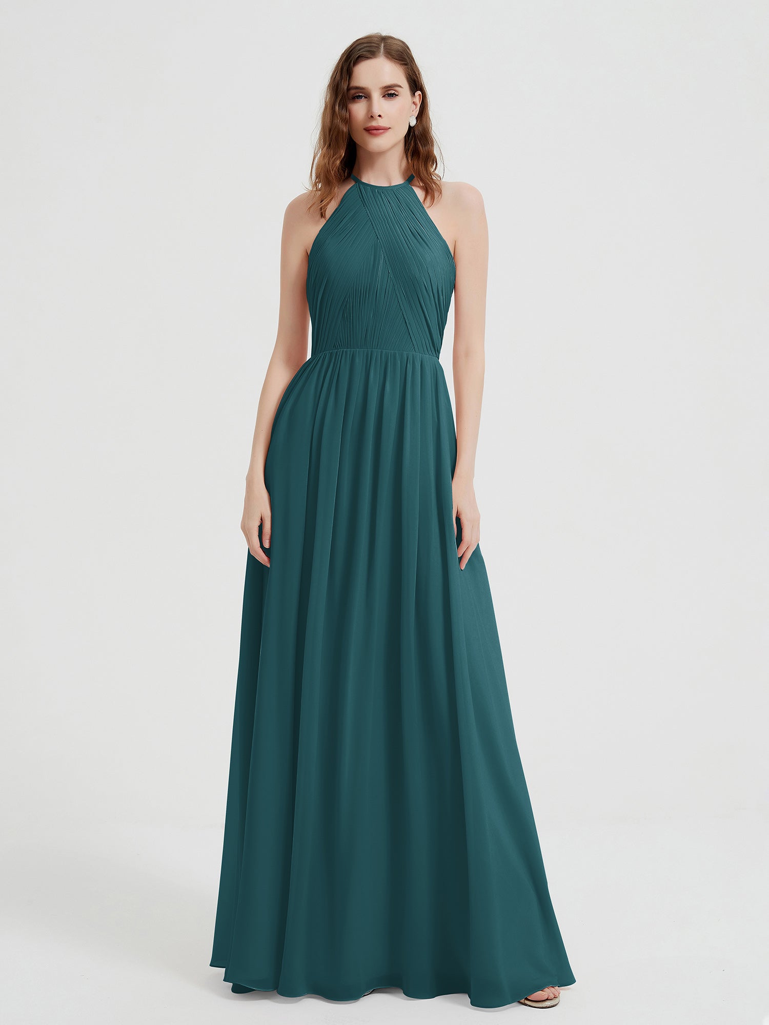 Long Halter Chiffon Gown with 3D Floral Neck Peacock Plus Size