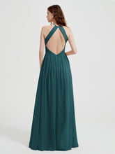 Halter Chiffon Dresses with Pleated Bodice Peacock