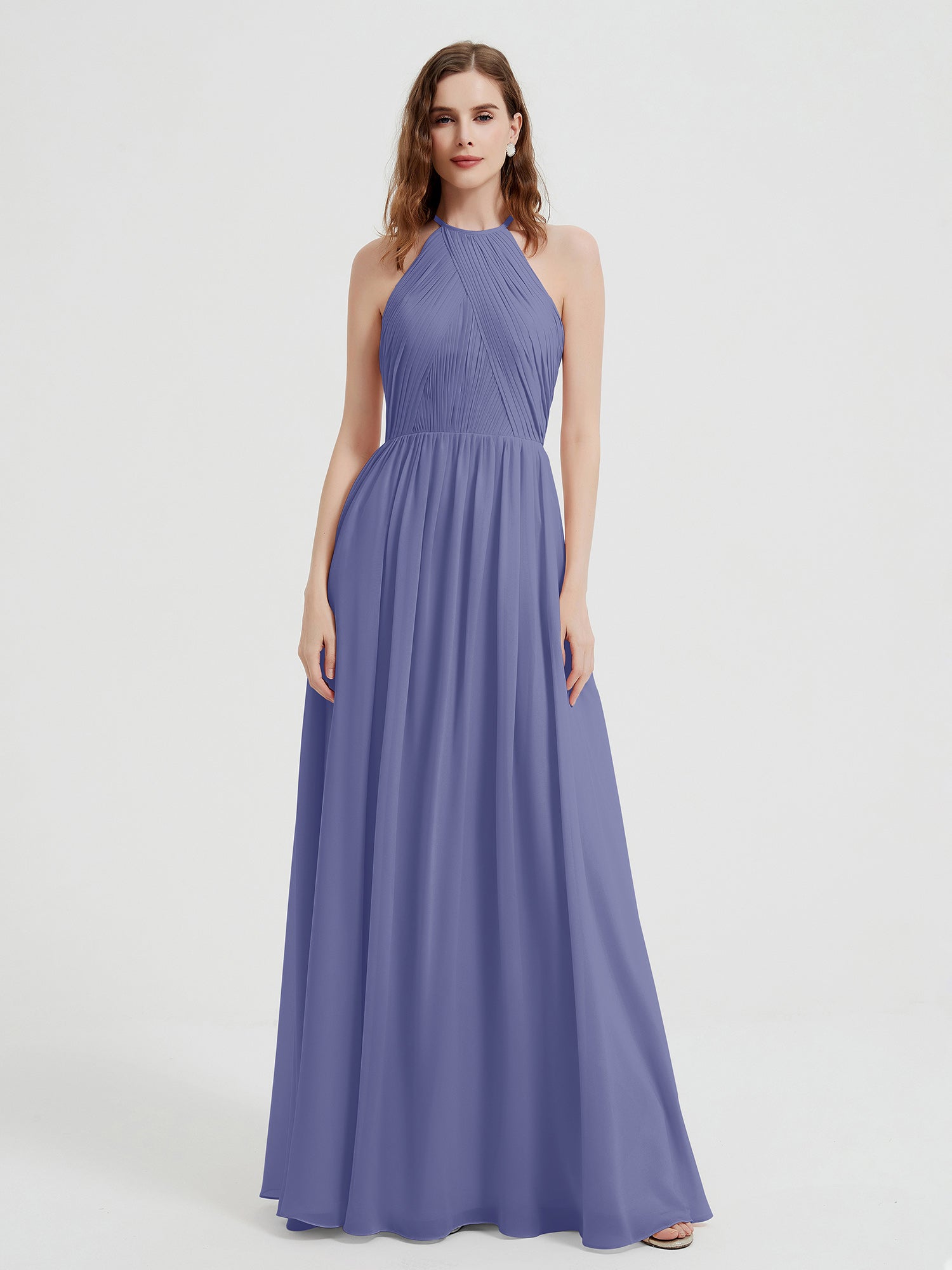 BABARONI Chiffon Periwinkle Bridesmaid Dresses Halter Floor-length