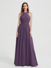 Halter Chiffon Dresses with Pleated Bodice Plum