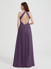 Halter Chiffon Dresses with Pleated Bodice Plum