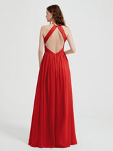Halter Chiffon Dresses with Pleated Bodice Red