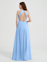 Halter Chiffon Dresses with Pleated Bodice Sky Blue