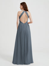 Halter Chiffon Dresses with Pleated Bodice Slate Blue