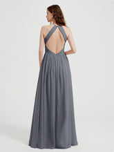 Halter Chiffon Dresses with Pleated Bodice Steel Grey