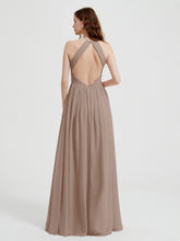 Halter Chiffon Dresses with Pleated Bodice Taupe