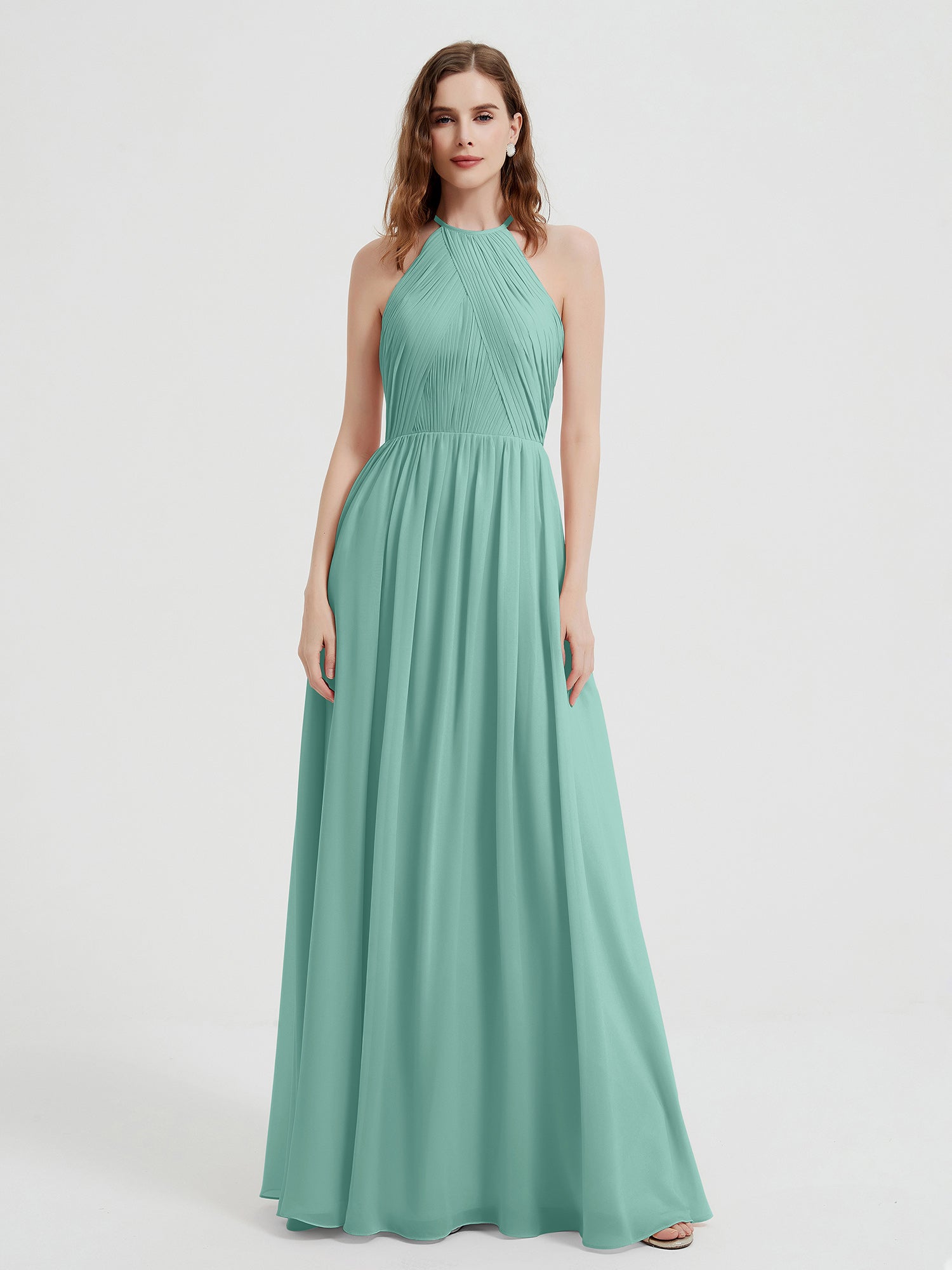 BABARONI Halter Chiffon Dresses with Pleated Bodice Turquoise, Turquoise / US0