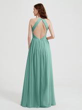 Halter Chiffon Dresses with Pleated Bodice Turquoise