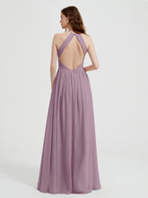 Halter Chiffon Dresses with Pleated Bodice Vintage Mauve