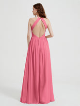 Halter Chiffon Dresses with Pleated Bodice Watermelon