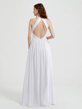 Halter Chiffon Dresses with Pleated Bodice White