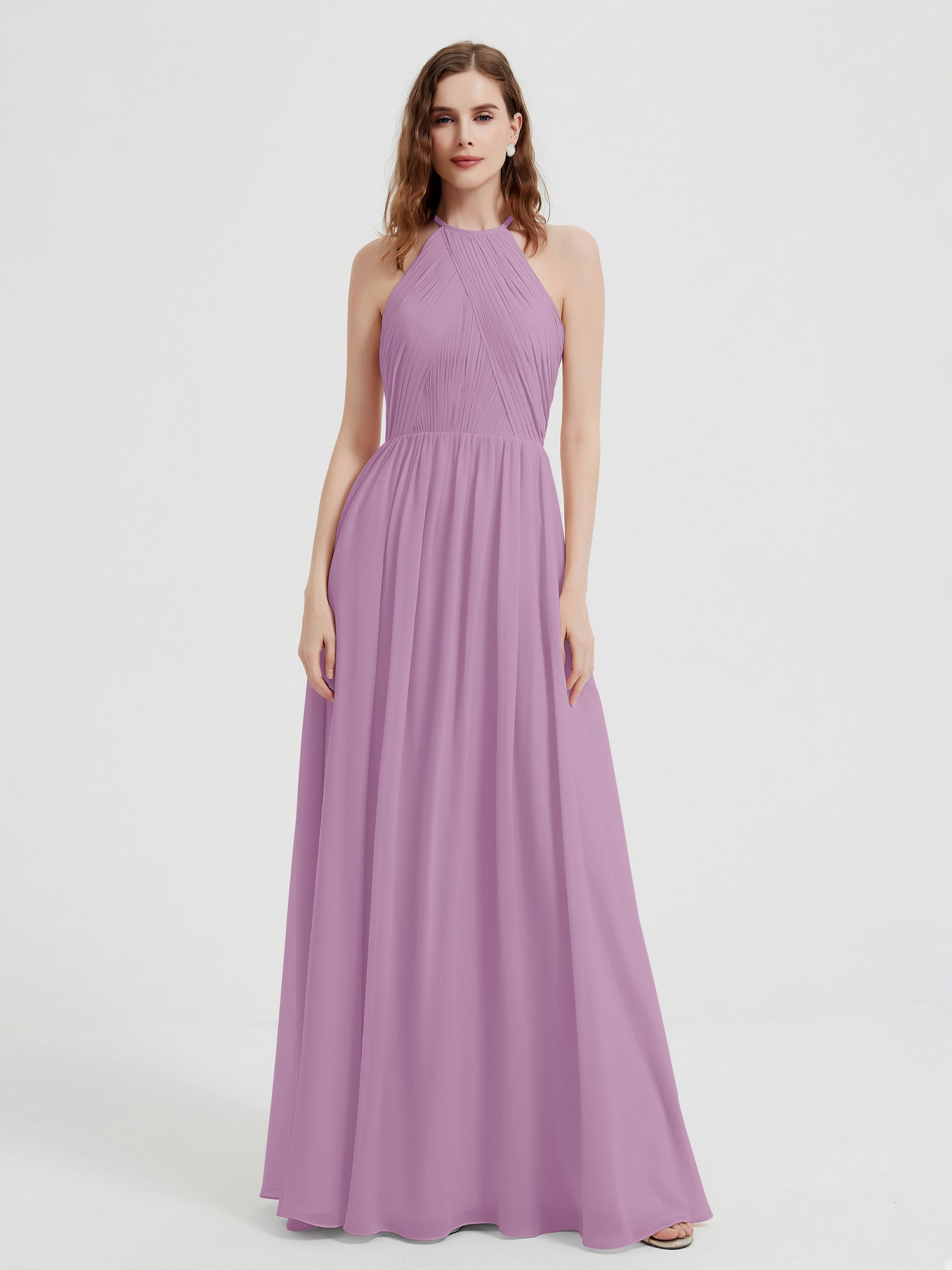 Long Halter Chiffon Dress with Back Double Straps Wisteria Plus Size