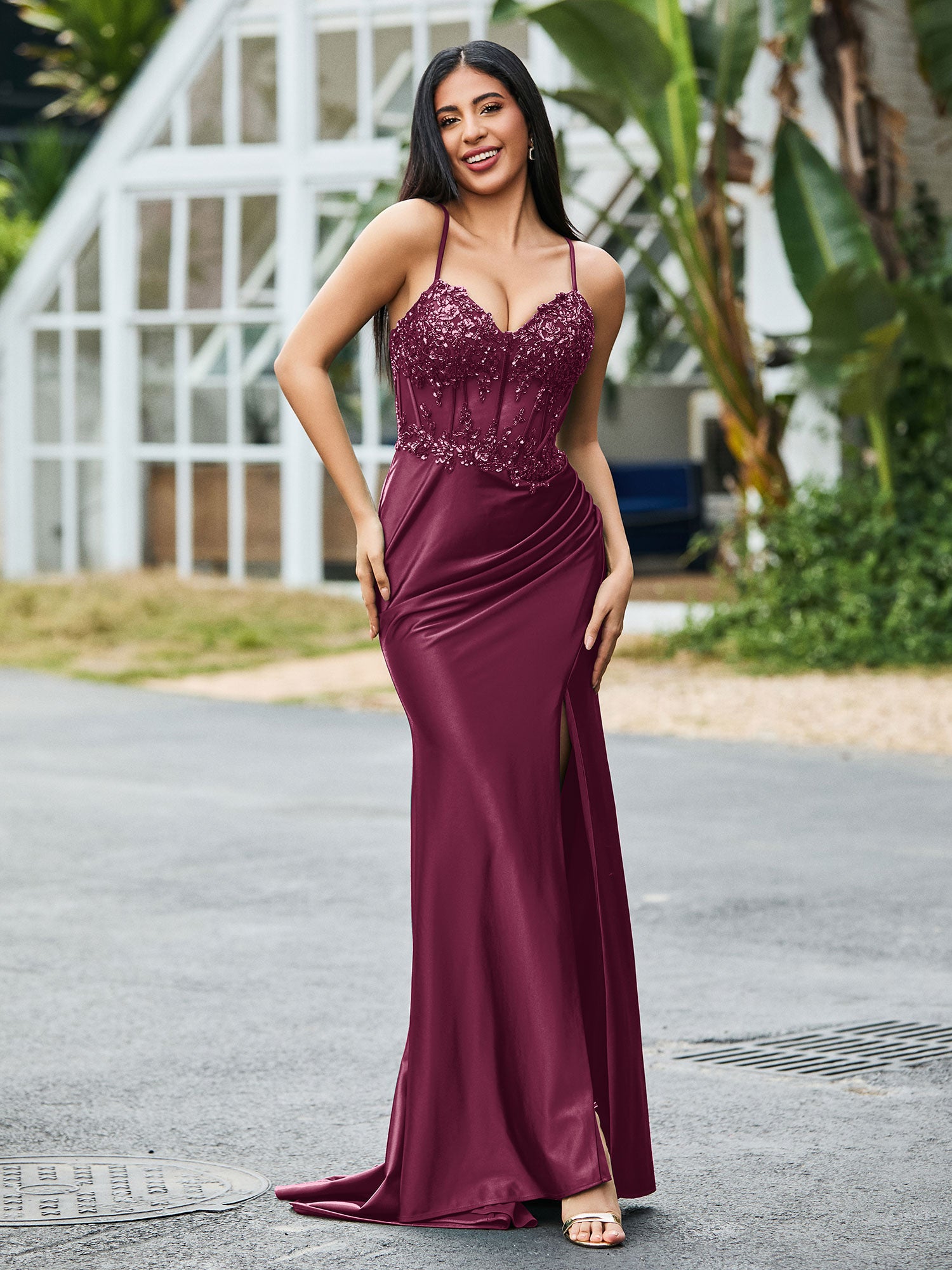 Pleated V-neck Cap Sleeve A-Line Sweep Train Dress Mulberry main image 1