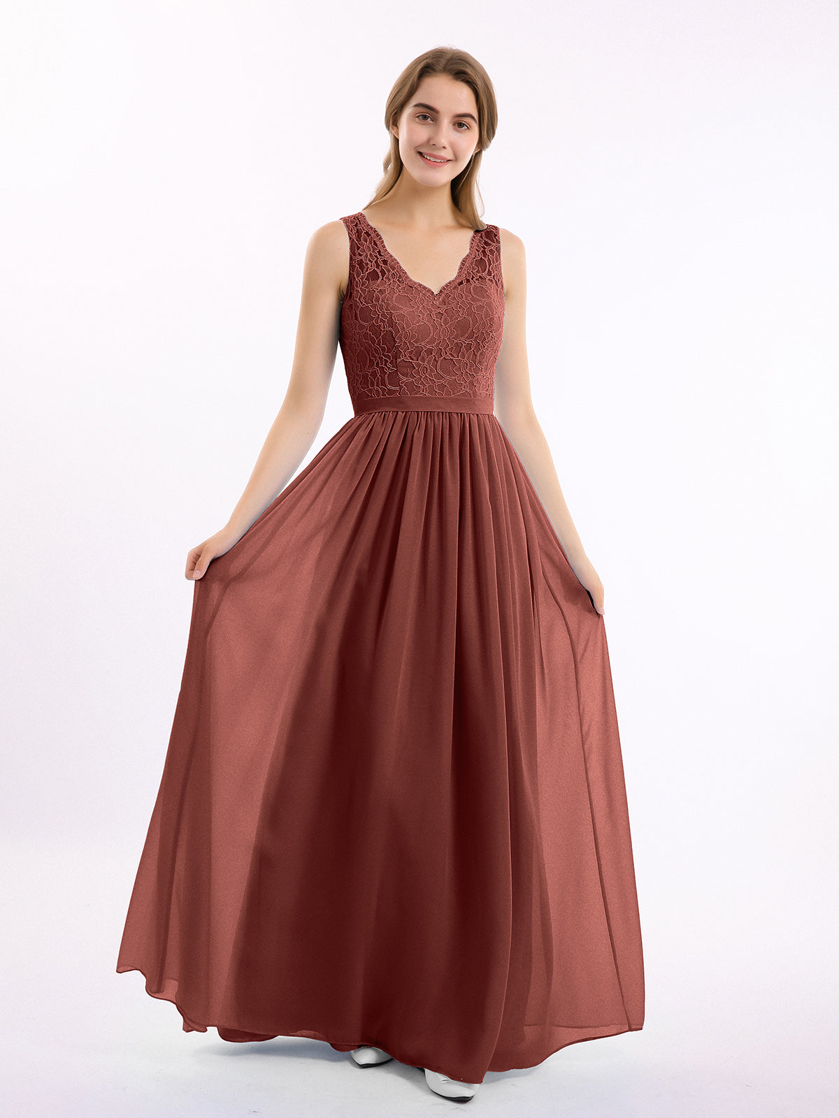 BABARONI Lace Top and Chiffon Bottom Long Dresses Terracotta, Terracotta / US0