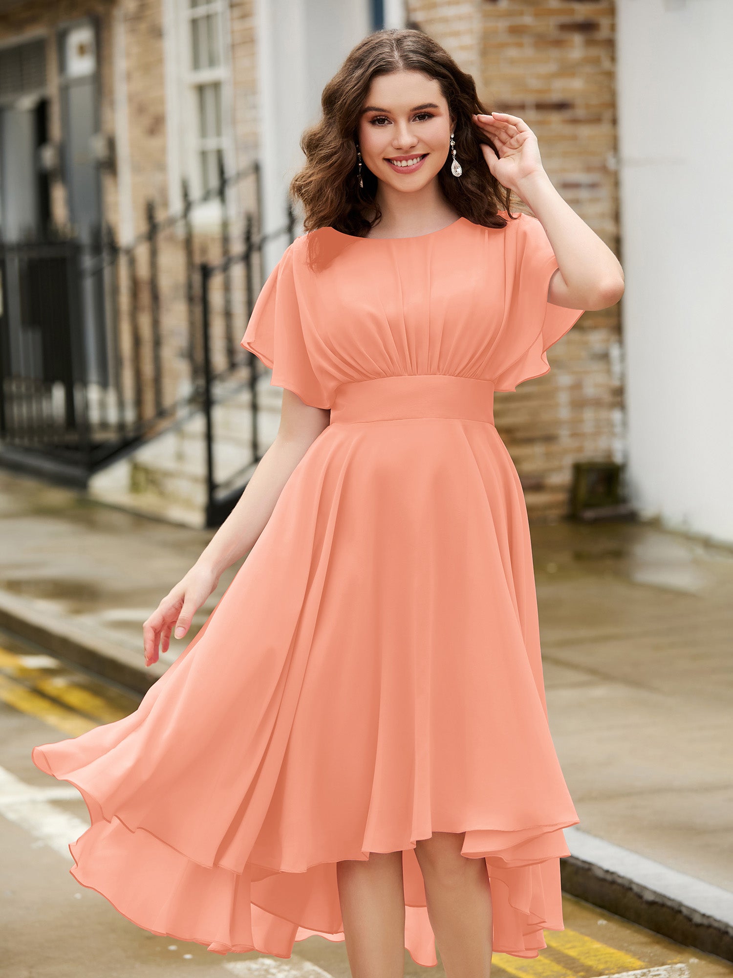 BABARONI Flutter Sleeves Jewel Neckline Chiffon Dress Coral, Coral / US0