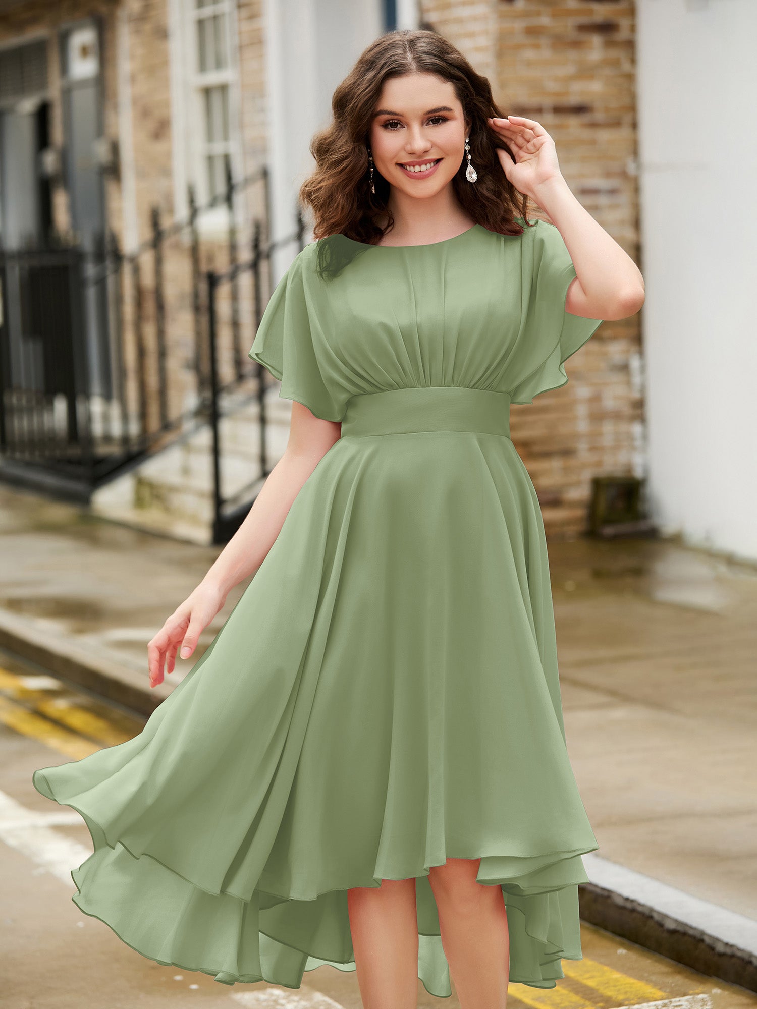 Green Wedding Guest Cocktail Dress Sage Summer Dress BABARONI Flutter Sleeves Jewel Neckline Chiffon Dress Dusty Sage, Dusty Sage US0 Green Wedding Guest Cocktail Dress Sage Summer Dress BABARONI Flutter Sleeves Jewel Neckline Chiffon Dress Dusty Sage, Dusty Sage US0