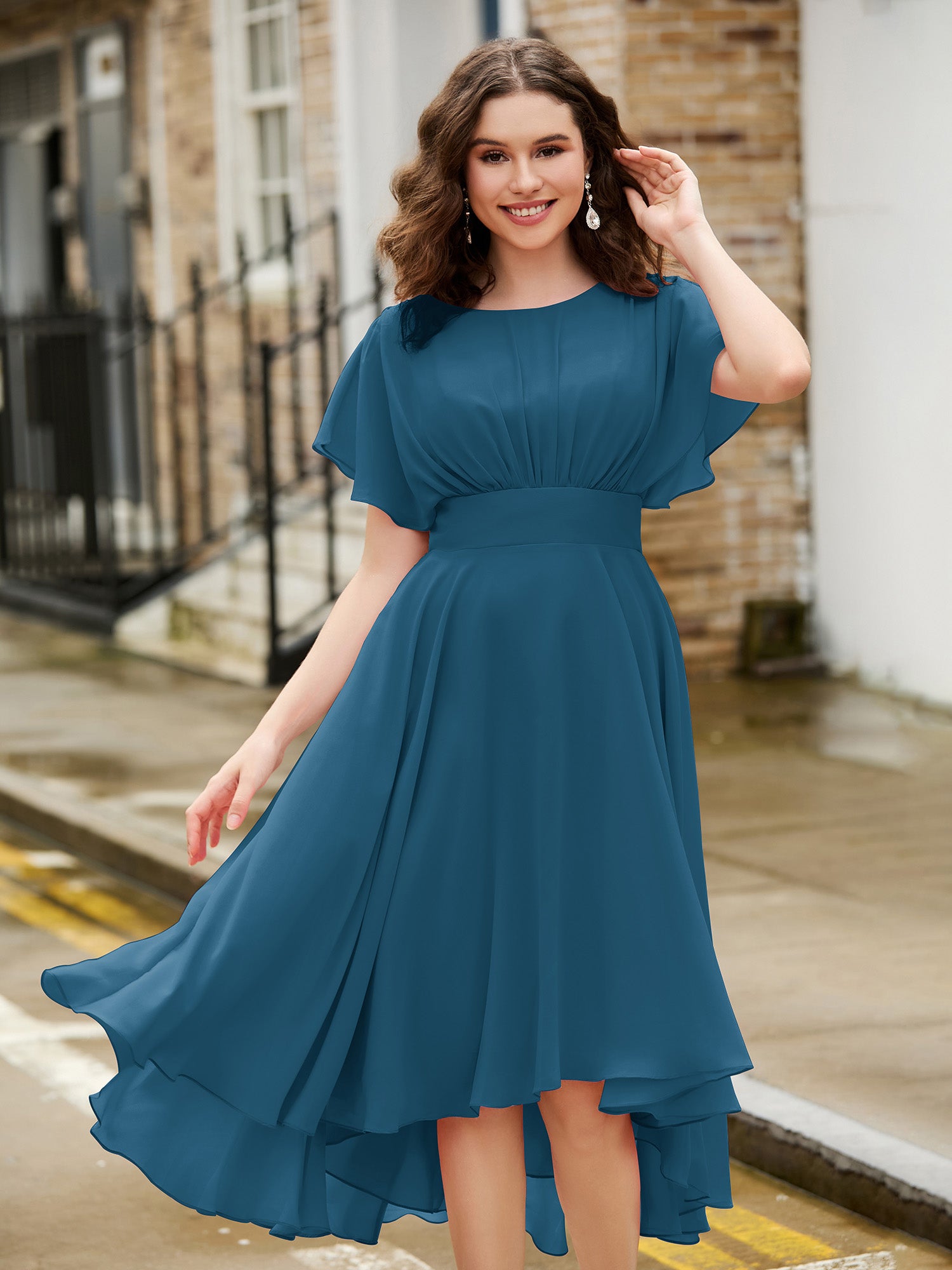 BABARONI Flutter Sleeves Jewel Neckline Chiffon Dress Ink Blue, Ink Blue / US0 BABARONI Flutter Sleeves Jewel Neckline Chiffon Dress Ink Blue, Ink Blue / US0