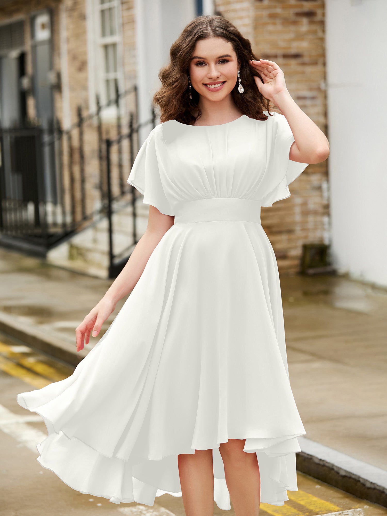 BABARONI Flutter Sleeves Jewel Neckline Chiffon Dress Ivory, Ivory / US0 BABARONI Flutter Sleeves Jewel Neckline Chiffon Dress Ivory, Ivory / US0
