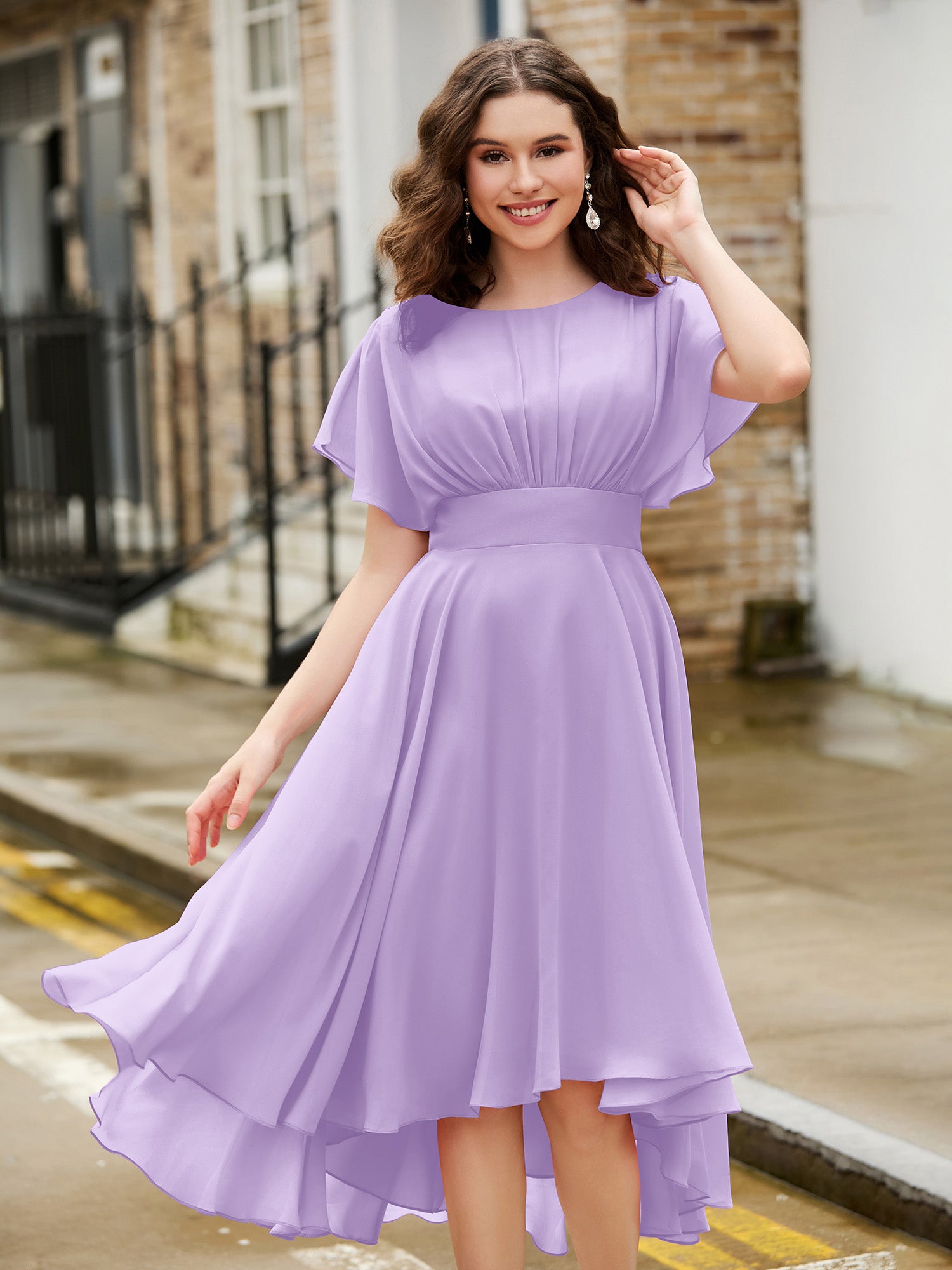 BABARONI Chiffon Lilac Homecoming Dresses A-line Jewel Flutter Sleeve