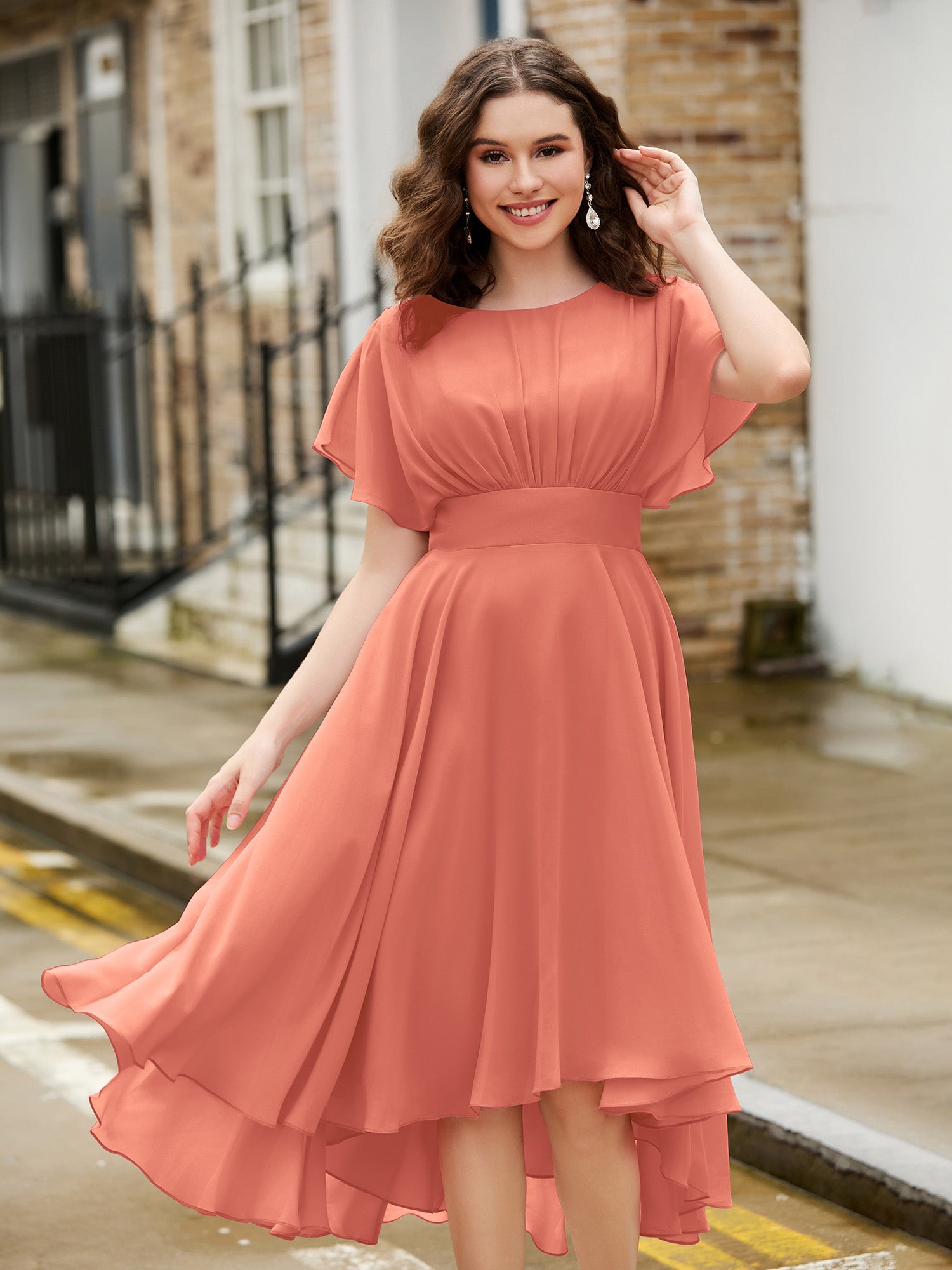 BABARONI Flutter Sleeves Jewel Neckline Chiffon Dress Papaya, Papaya / US0 BABARONI Flutter Sleeves Jewel Neckline Chiffon Dress Papaya, Papaya / US0