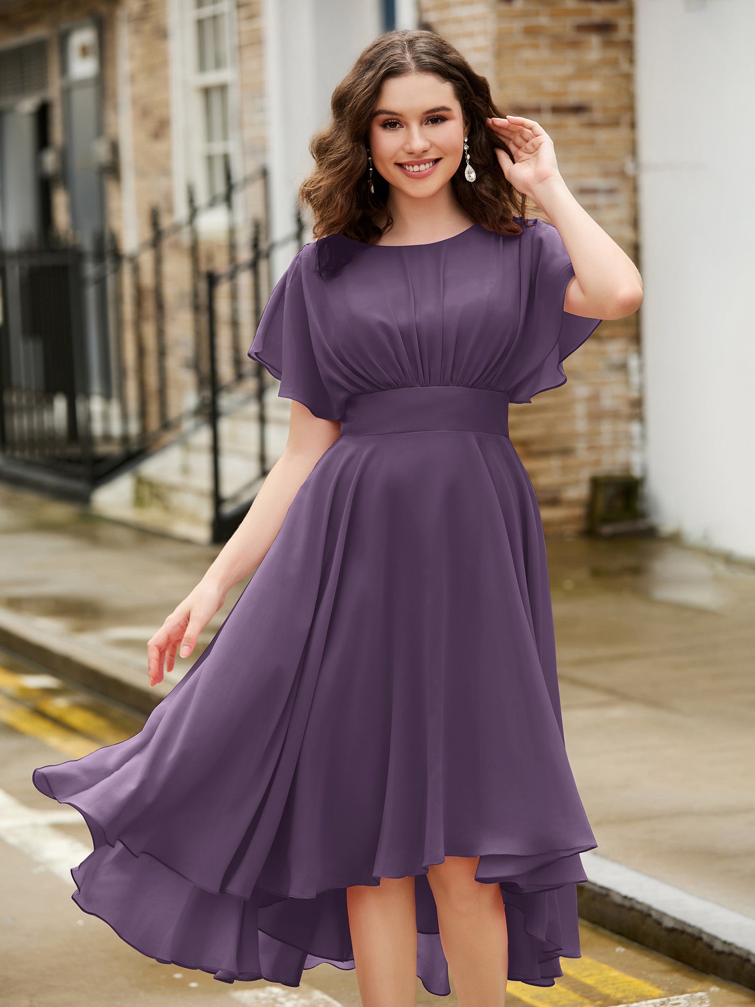 BABARONI Flutter Sleeves Jewel Neckline Chiffon Dress Plum, Plum / US0 BABARONI Flutter Sleeves Jewel Neckline Chiffon Dress Plum, Plum / US0