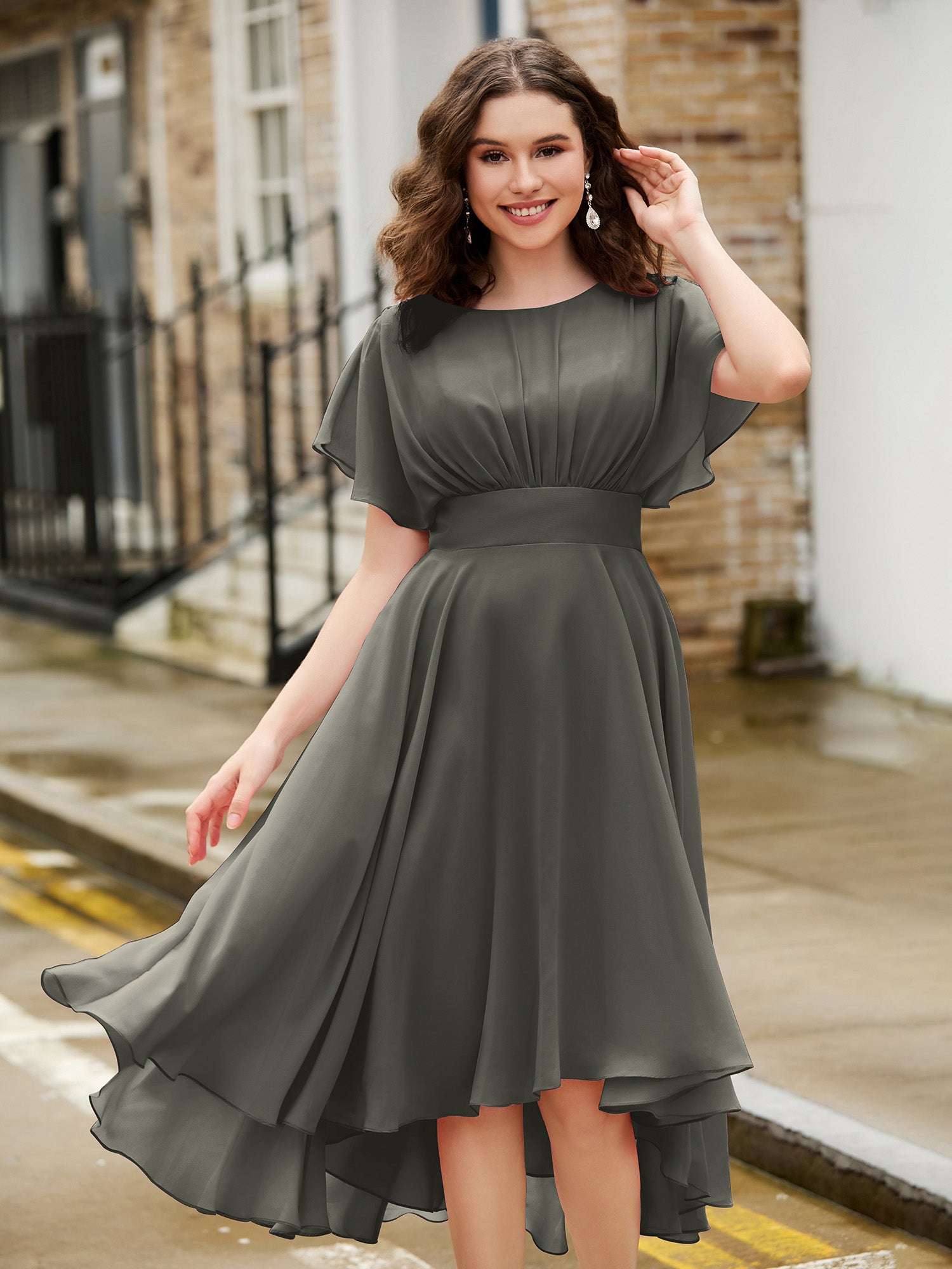 green emerald velvet dress BABARONI Flutter Sleeves Jewel Neckline Chiffon Dress Steel Grey, Steel Grey / US0