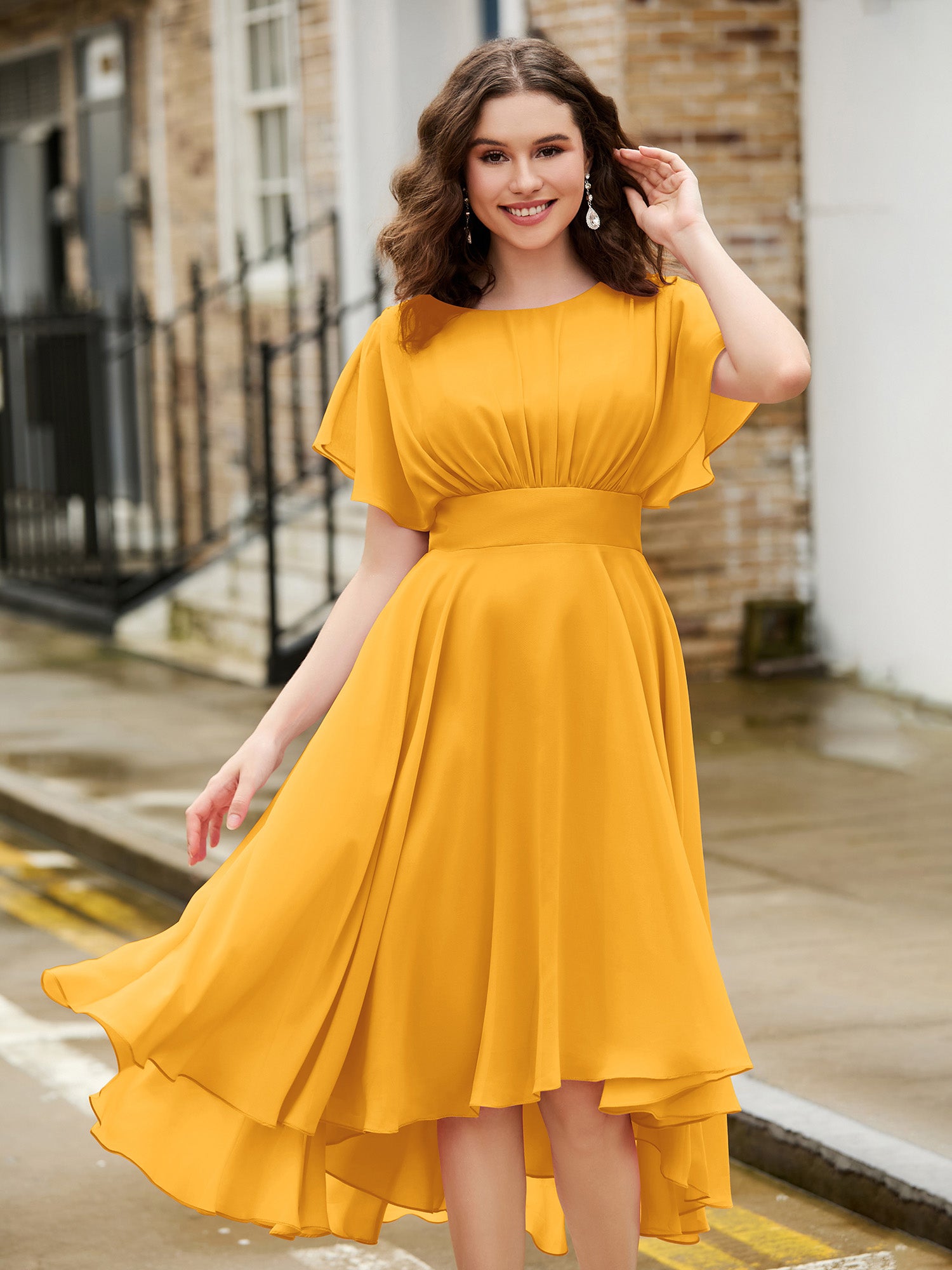 BABARONI Flutter Sleeves Jewel Neckline Chiffon Dress Tangerine, Tangerine / US0