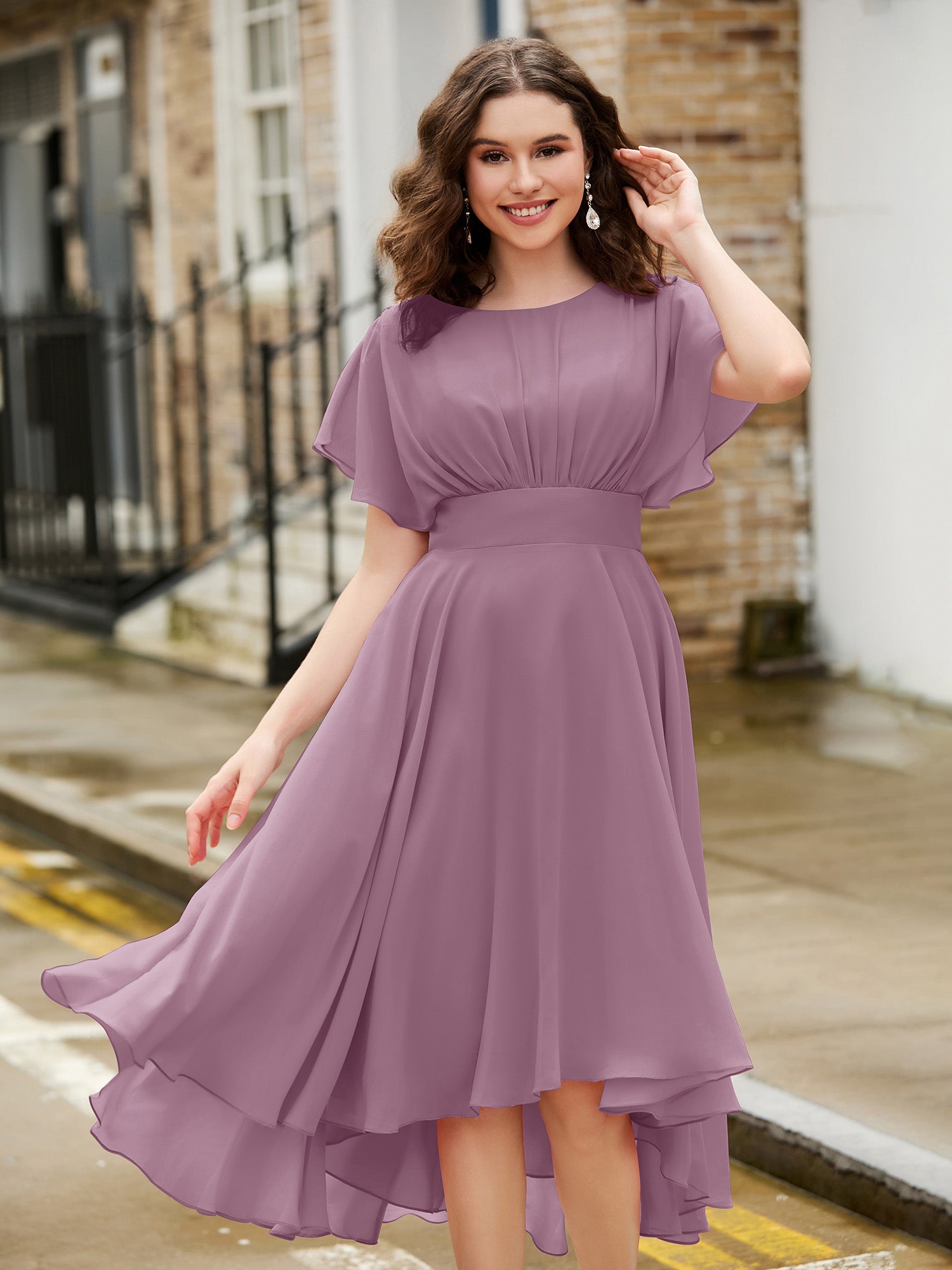 green emerald velvet dress BABARONI Flutter Sleeves Jewel Neckline Chiffon Dress Wisteria, Wisteria / US0