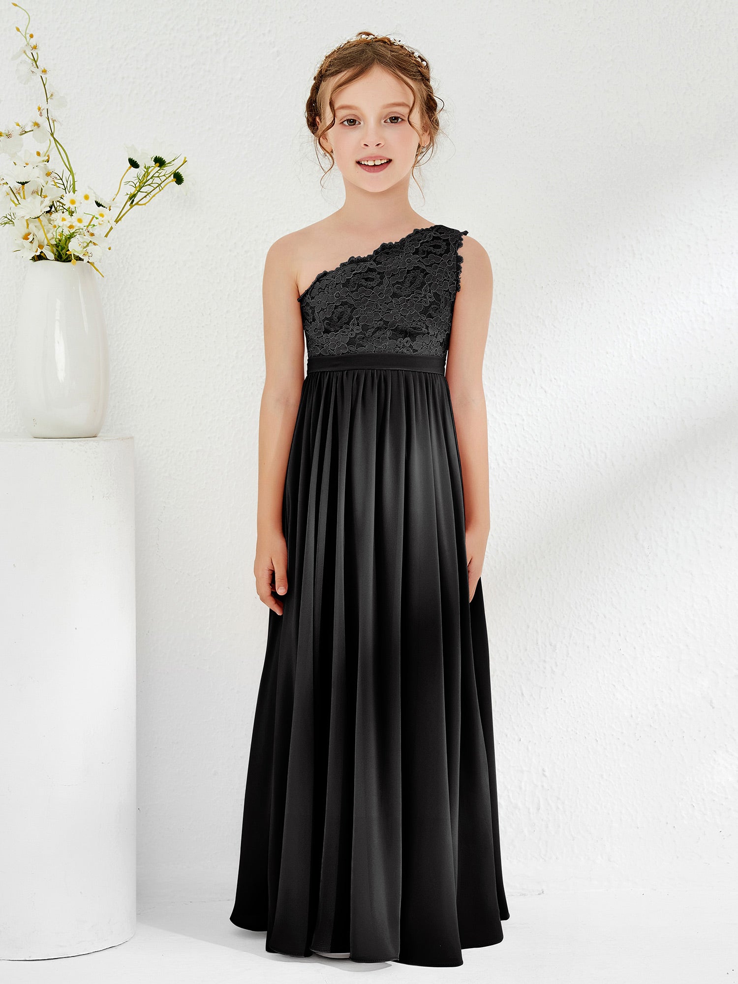 BABARONI Chiffon Black Junior Bridesmaid Dresses A-line One Shoulder