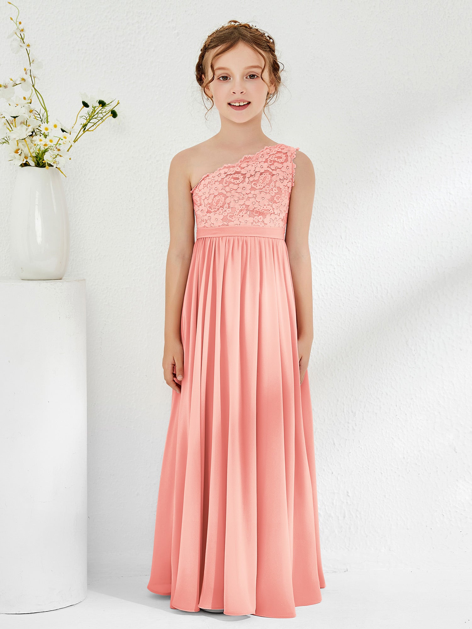Halter Neckline A-line Chiffon Junior Bridesmaid Dresses Coral