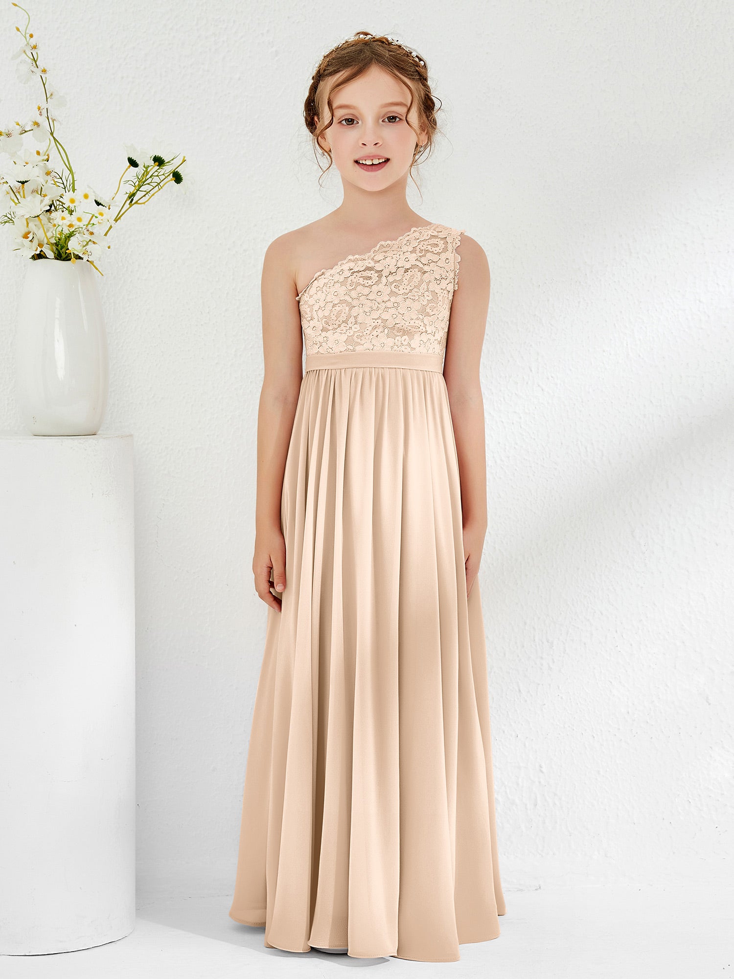 BABARONI One Shoulder Lace and Chiffon Junior Bridesmaid Dresses Peach, Peach / J4