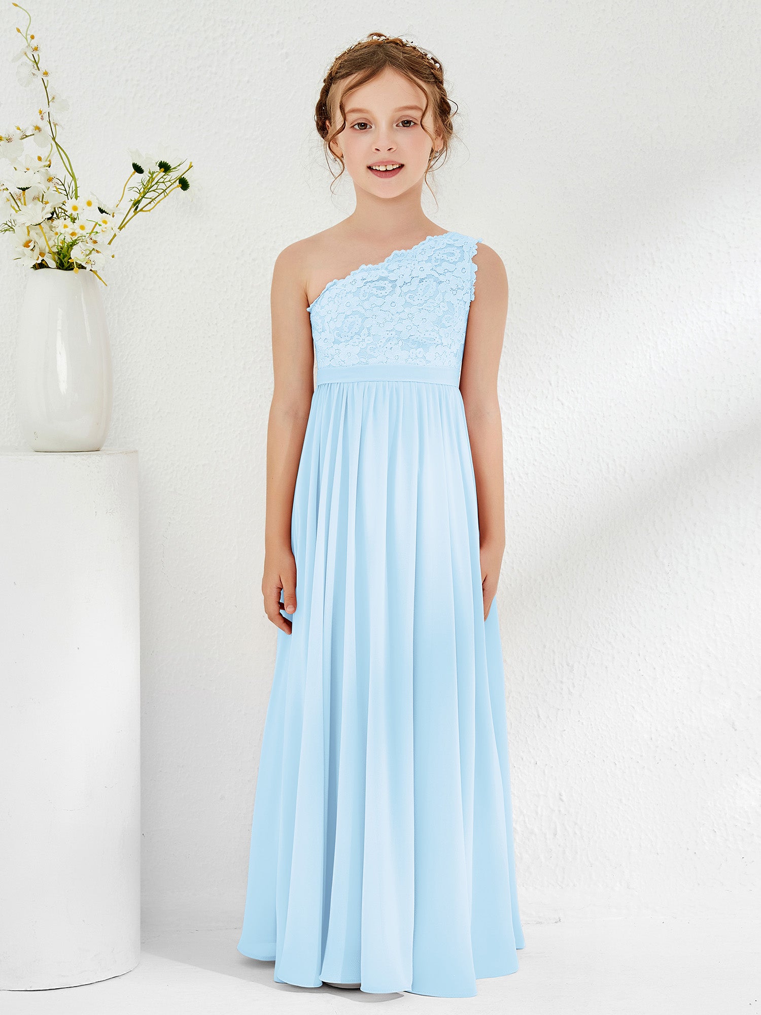 BABARONI Chiffon Sky Blue Junior Bridesmaid Dresses A-line One Shoulder