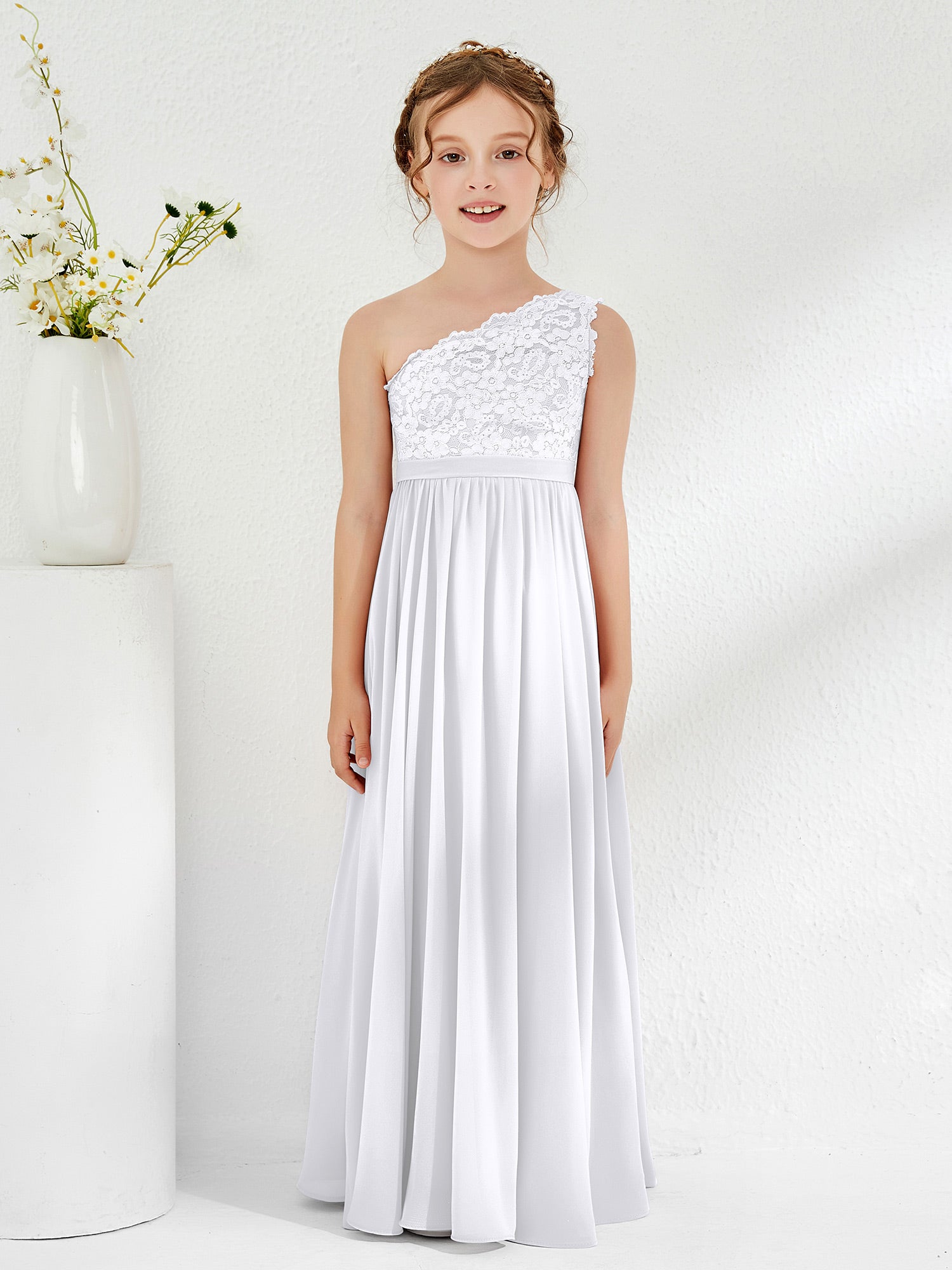 Flowy One Shoulder Chiffon Junior Bridesmaid Dresses Wisteria