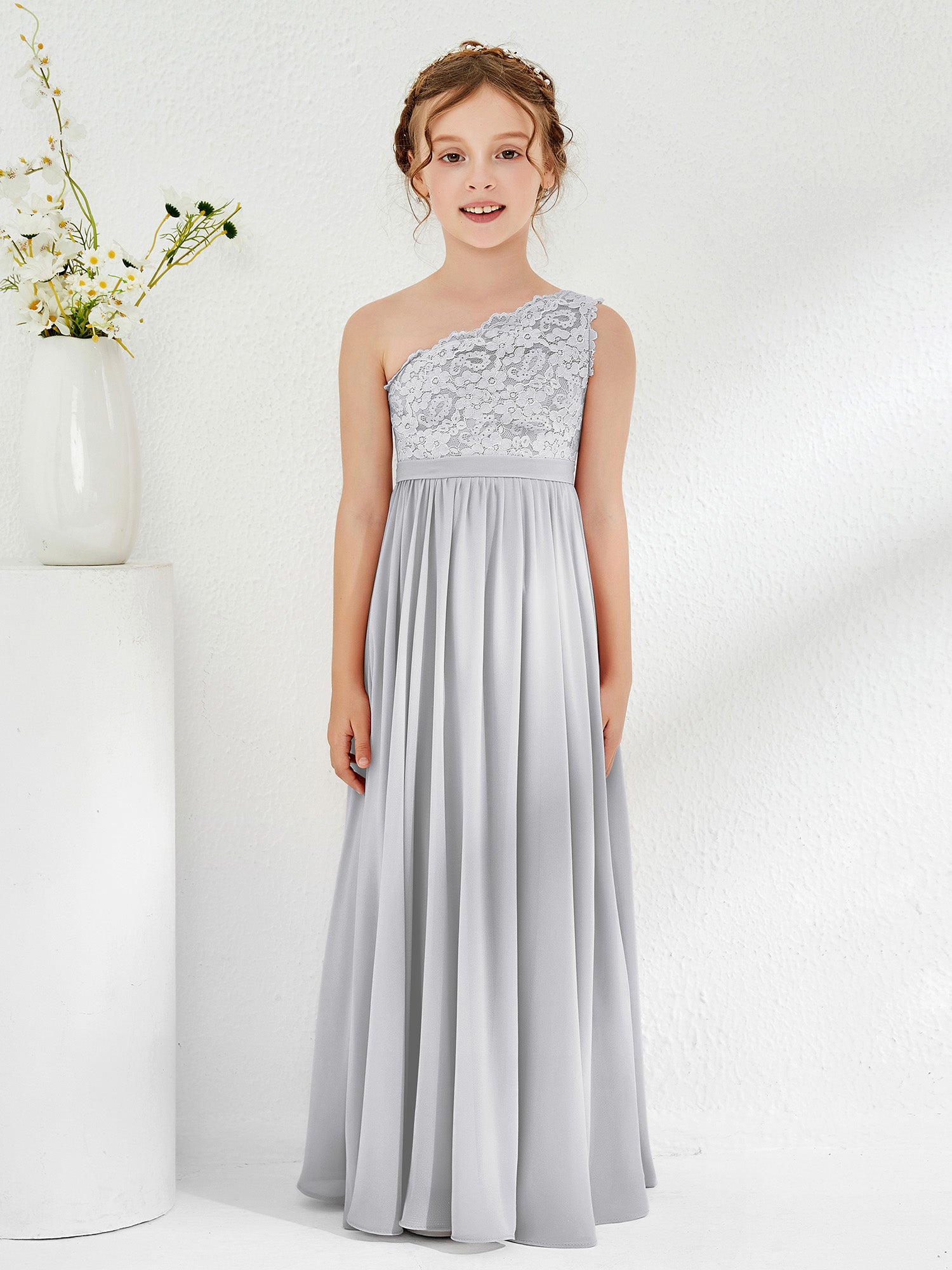 Flowy One Shoulder Chiffon Junior Bridesmaid Dresses Champagne