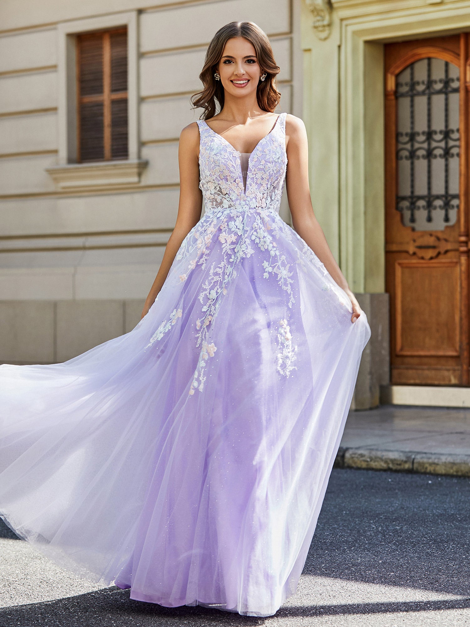 BABARONI BABARONI Tulle Lilac Prom Dresses A-Line Plunging V-Neck Sleeveless Appliqued Beaded Lace Ruched, Lilac / US0