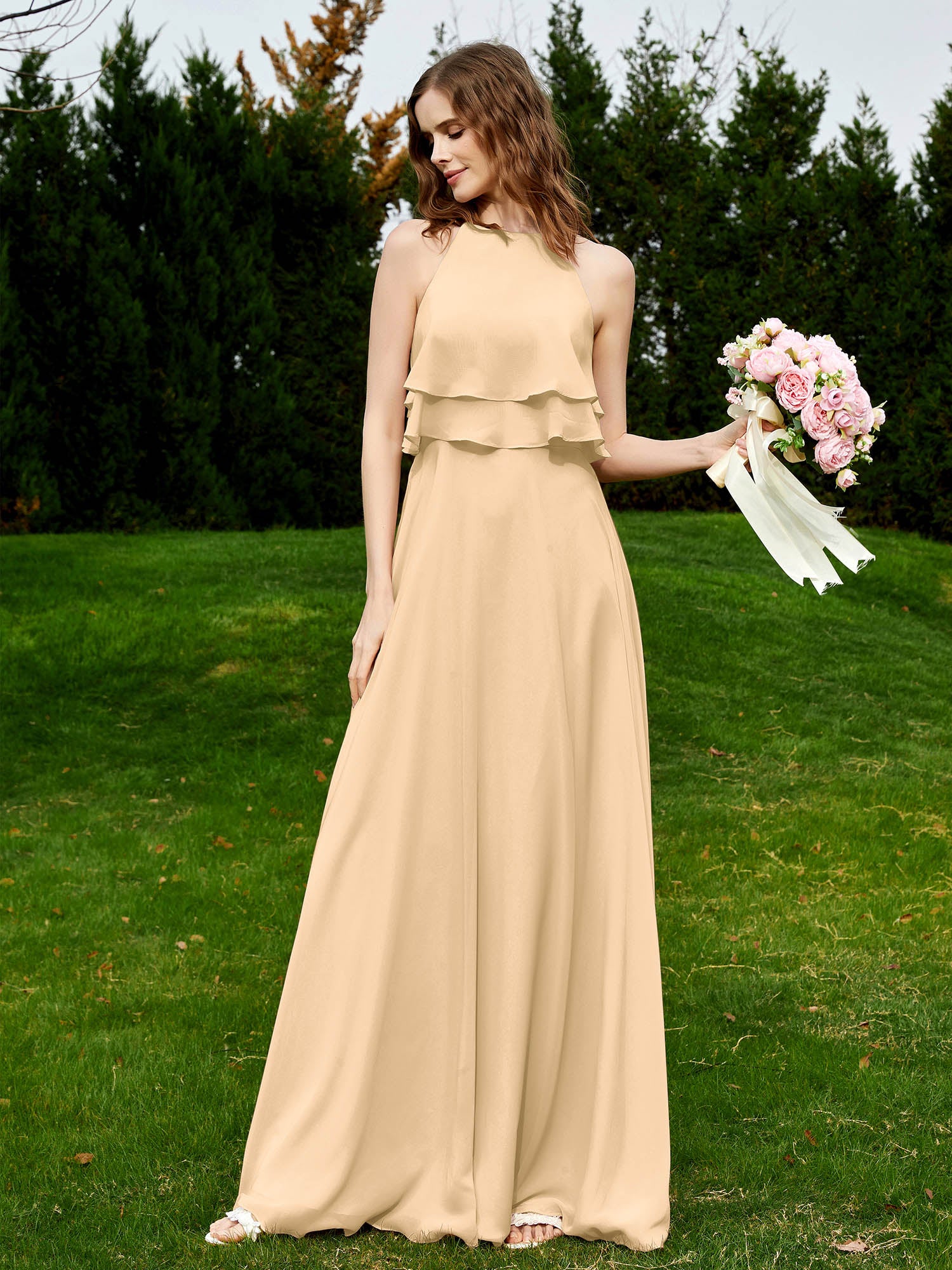 white christmas dresses BABARONI Two Layers Ruffles Bodice Chiffon Dresses Champagne Plus size, Champagne / US18