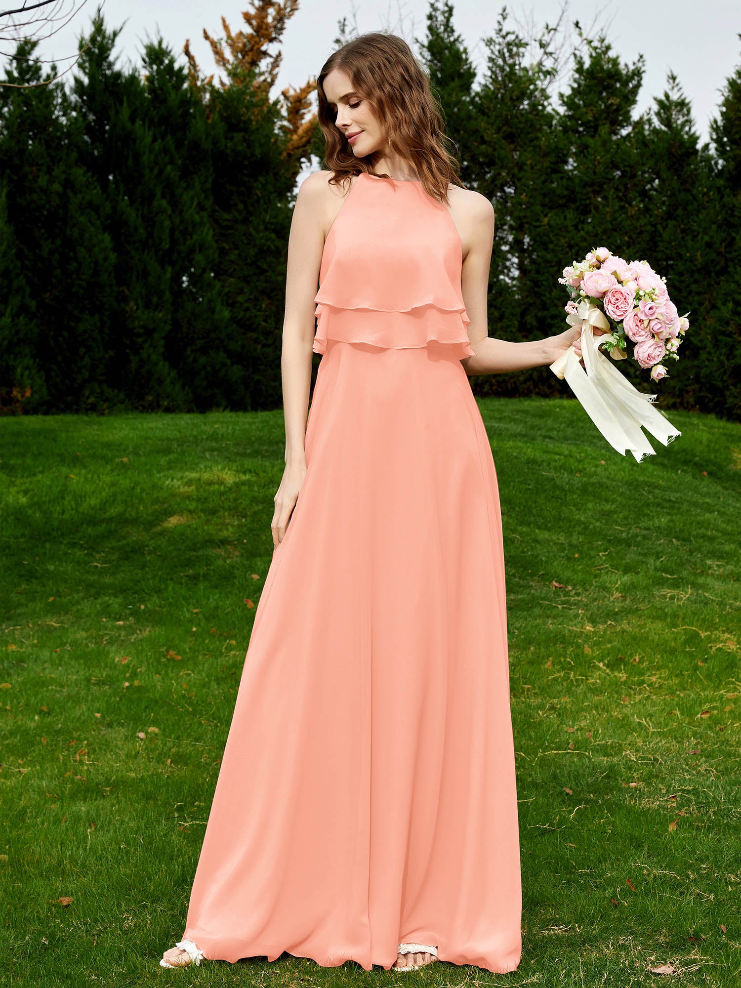 BABARONI Two Layers Ruffles Bodice Chiffon Dresses Coral Plus size, Coral / US18