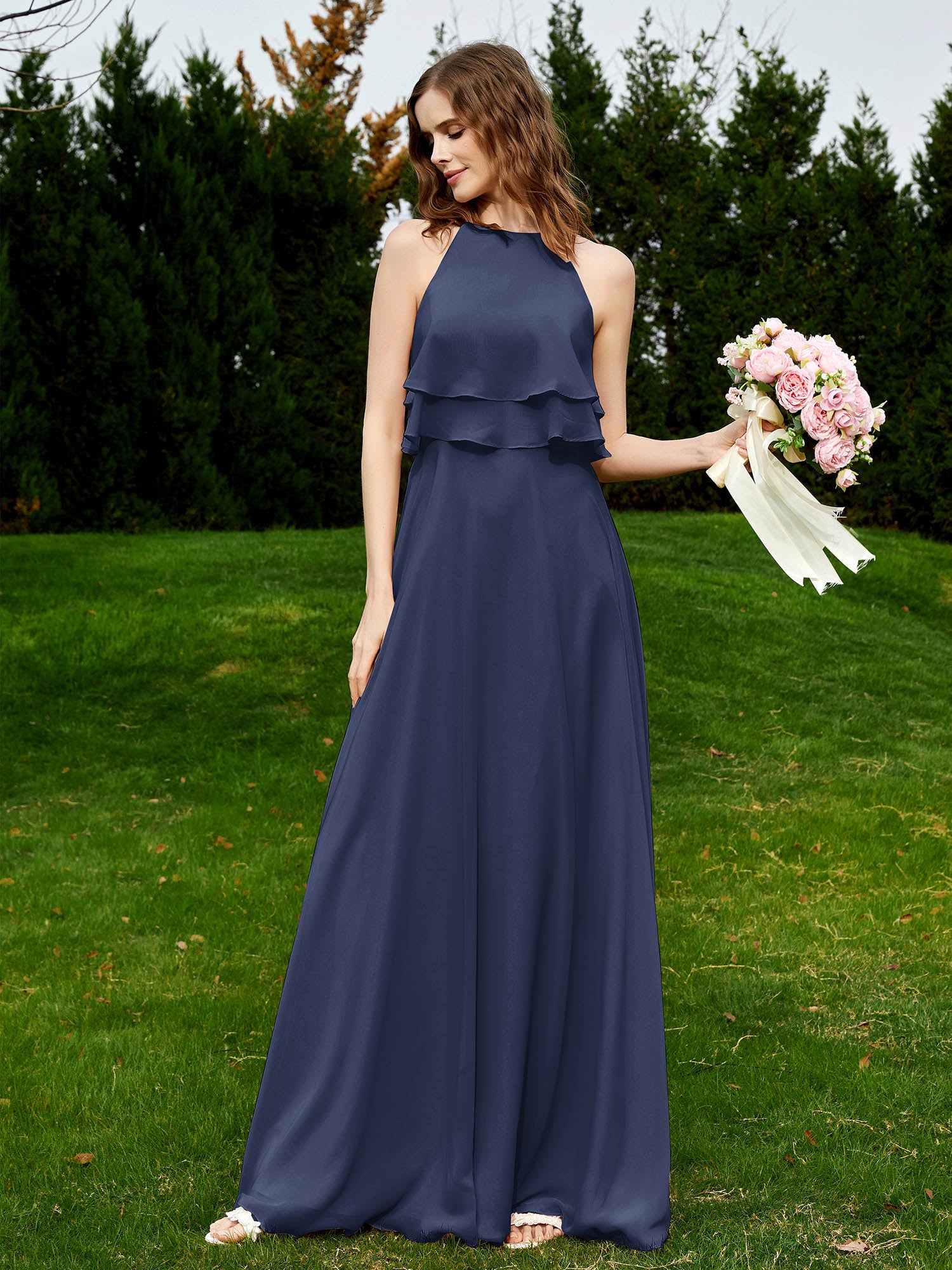 A-Line Ruched Chiffon Asymmetrical Dress Dark Navy Plus Size