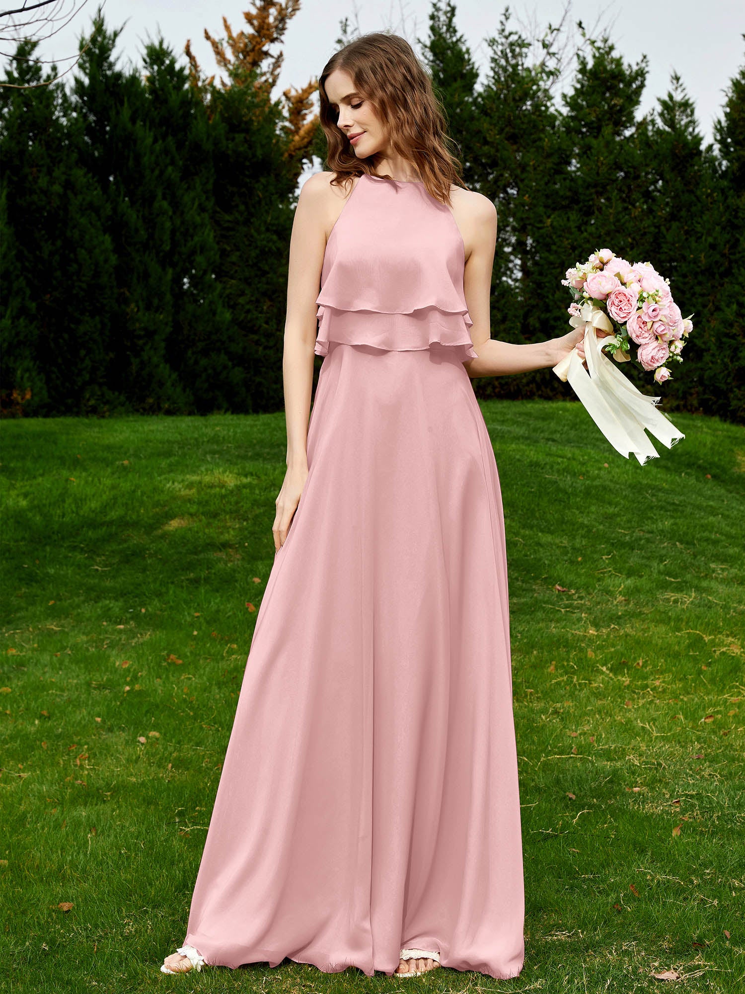 BABARONI Chiffon Dusty Rose Bridesmaid Dresses Halter Floor-length