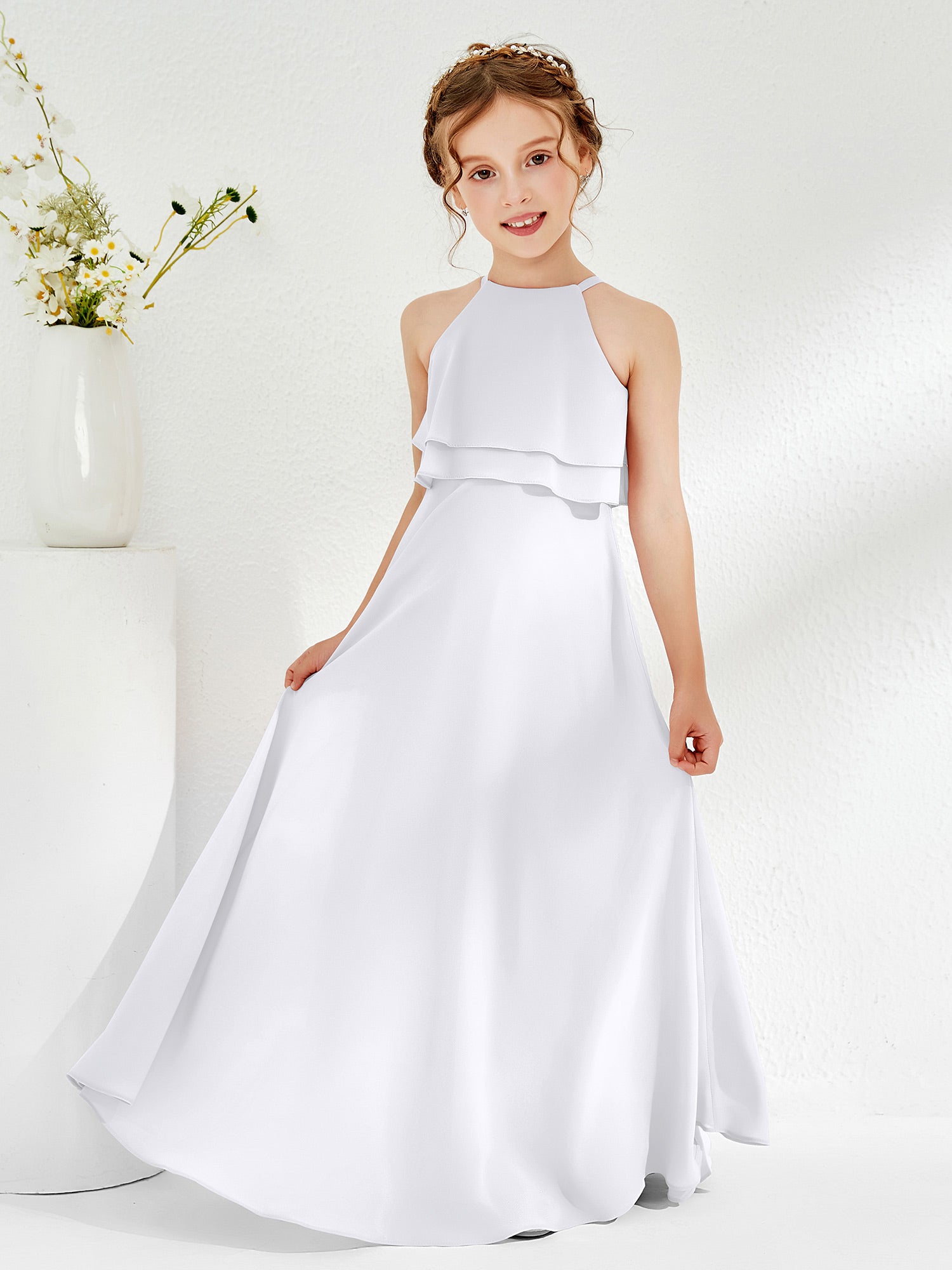 BABARONI Chiffon White Junior Bridesmaid Dresses A-line Halter
