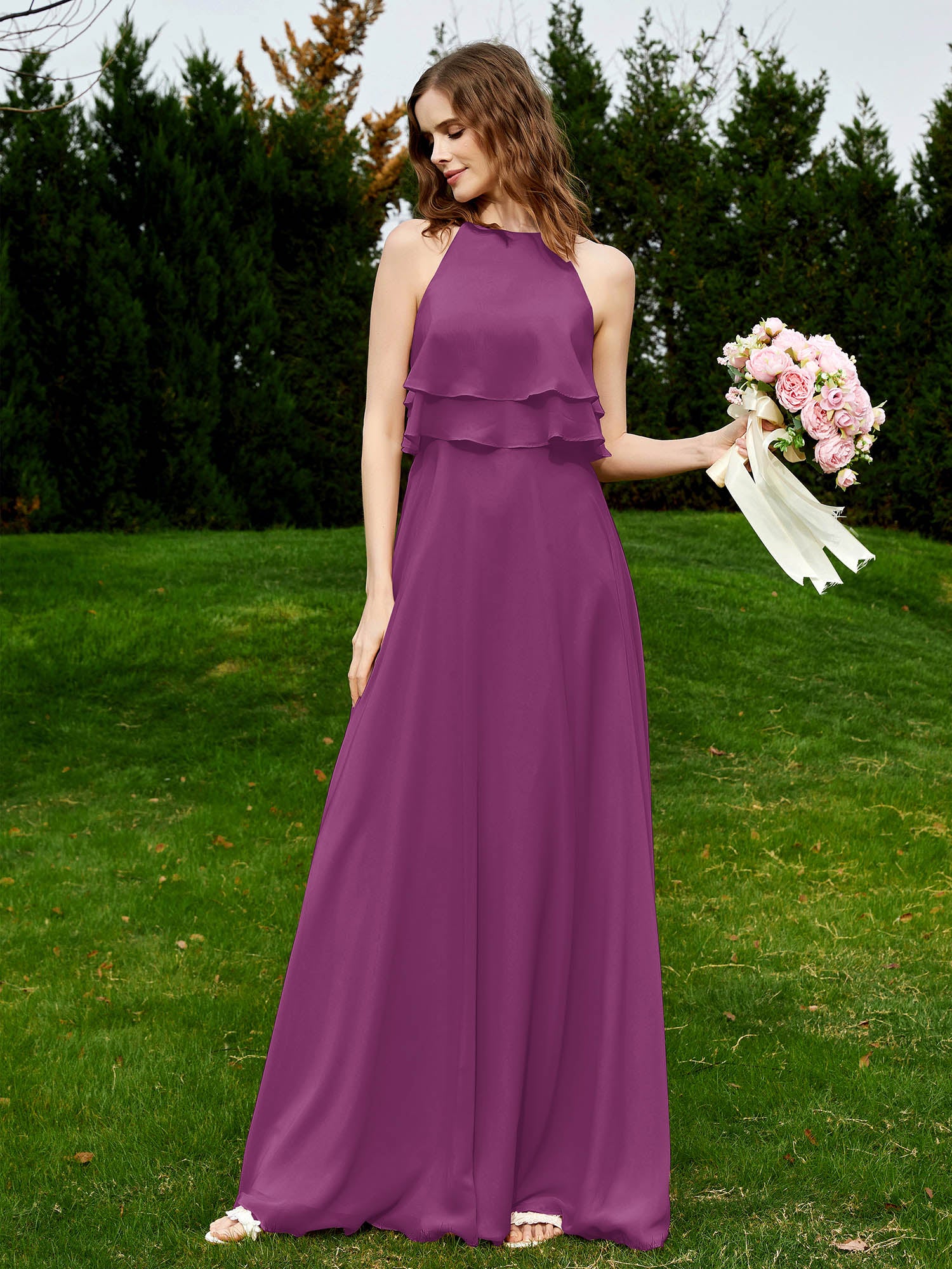 A-Line Chiffon Dress with Flower Appliqued Orchid Plus Size
