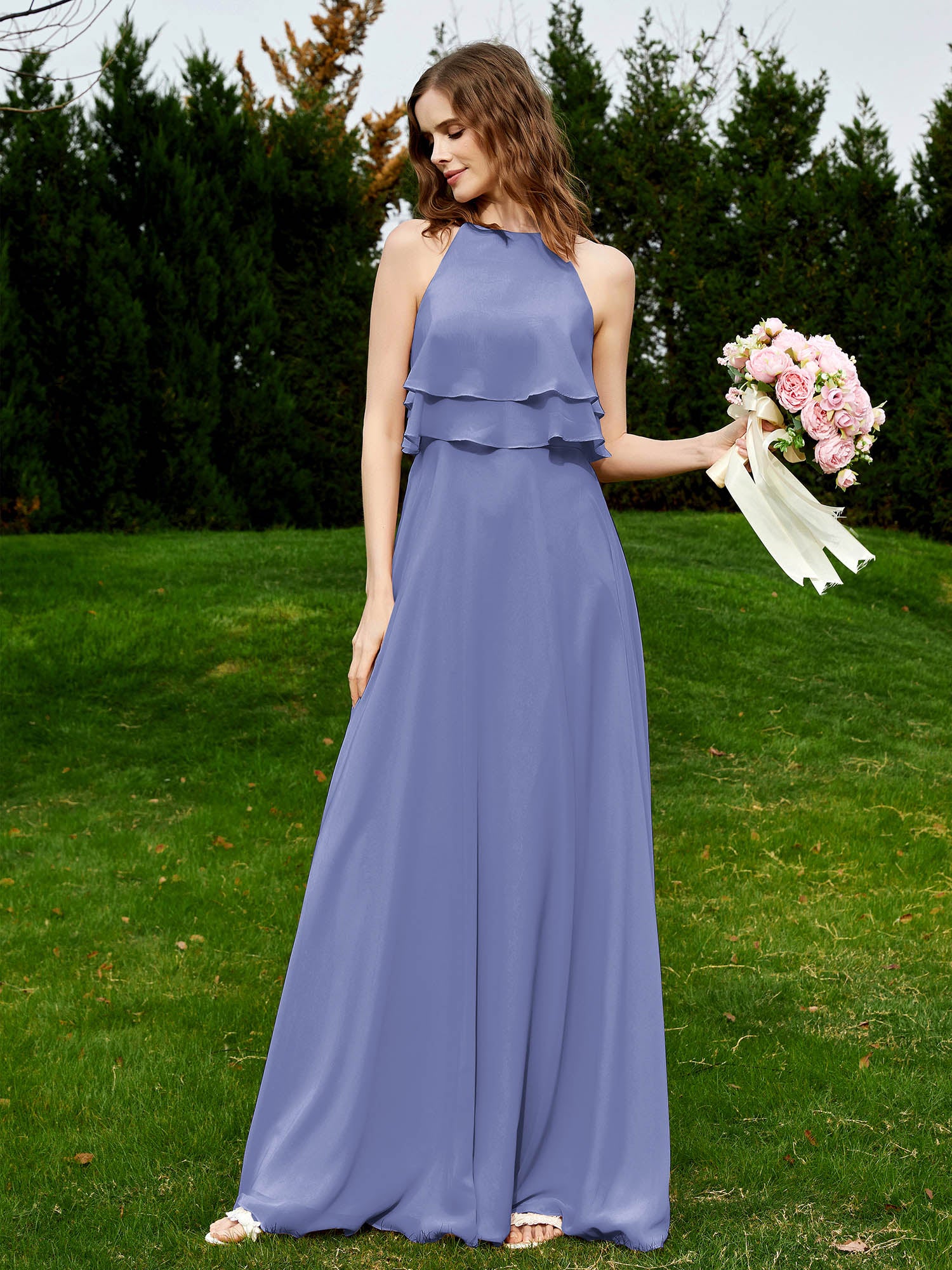 BABARONI Chiffon Periwinkle Bridesmaid Dresses Halter Floor-length