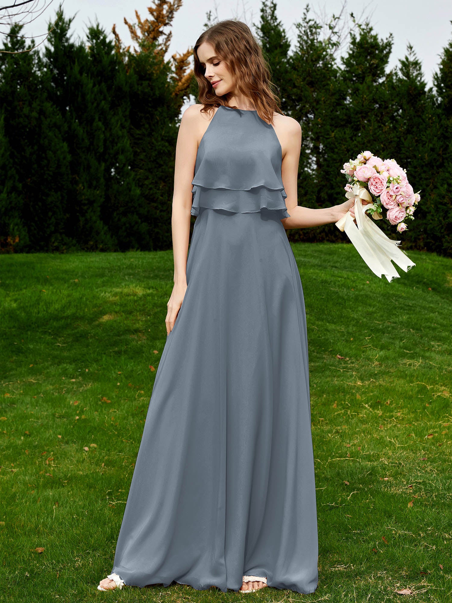 BABARONI Two Layers Ruffles Bodice Chiffon Dresses Slate Blue, Slate Blue / US0 BABARONI Two Layers Ruffles Bodice Chiffon Dresses Slate Blue, Slate Blue / US0
